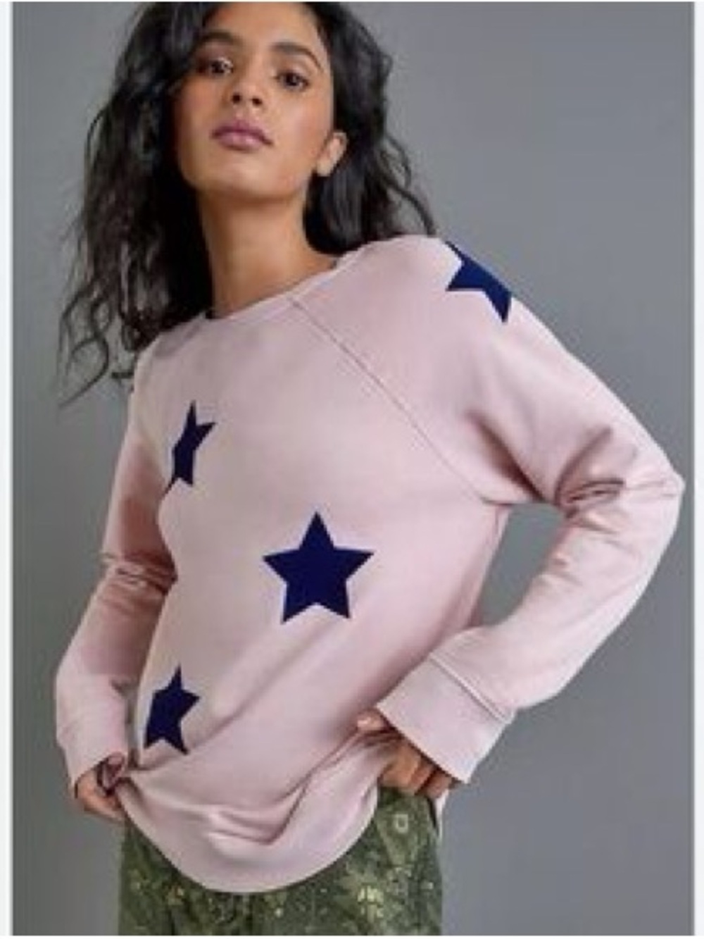 Anthropologie Back When Pink Navy Velvet Stars Sweatshirt Size Large Cozy
